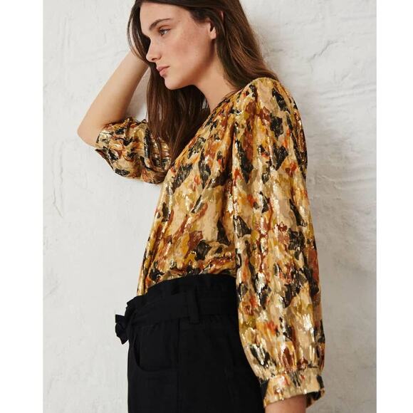BA&SH Gaby Metallic Blouse Silk Ochre Gold Abstract Print 3/4 Sleeve Size XS - Picture 3 of 12